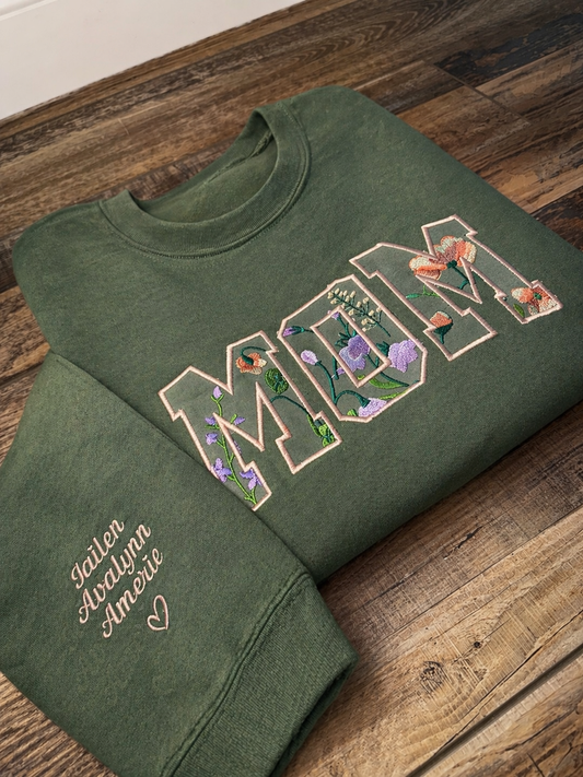 Custom Floral Appliqué “MOM” Sweatshirt | Embroidered Name Sleeve | Personalized Gift