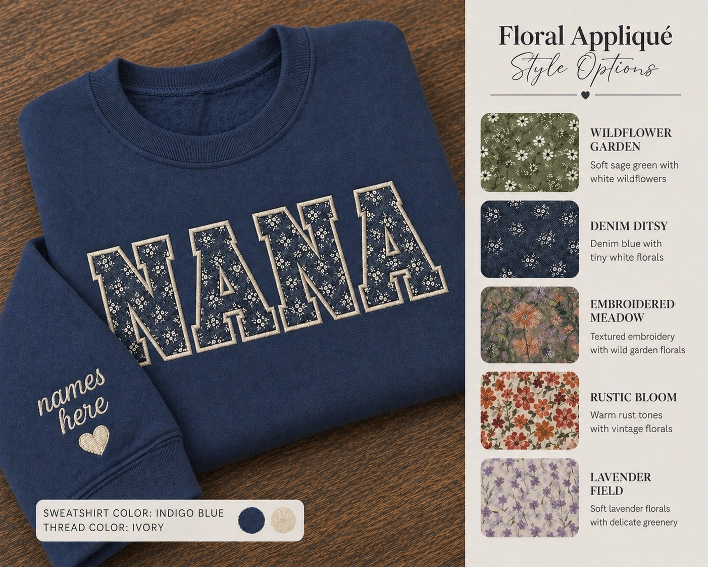 Custom Floral Appliqué “MOM” Sweatshirt | Embroidered Name Sleeve | Personalized Gift